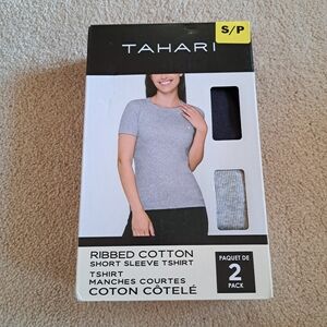 Tahari Ladies Ribbed Cotton T-shirt Women's Size Small Tee Blue White 2 Pack NEW